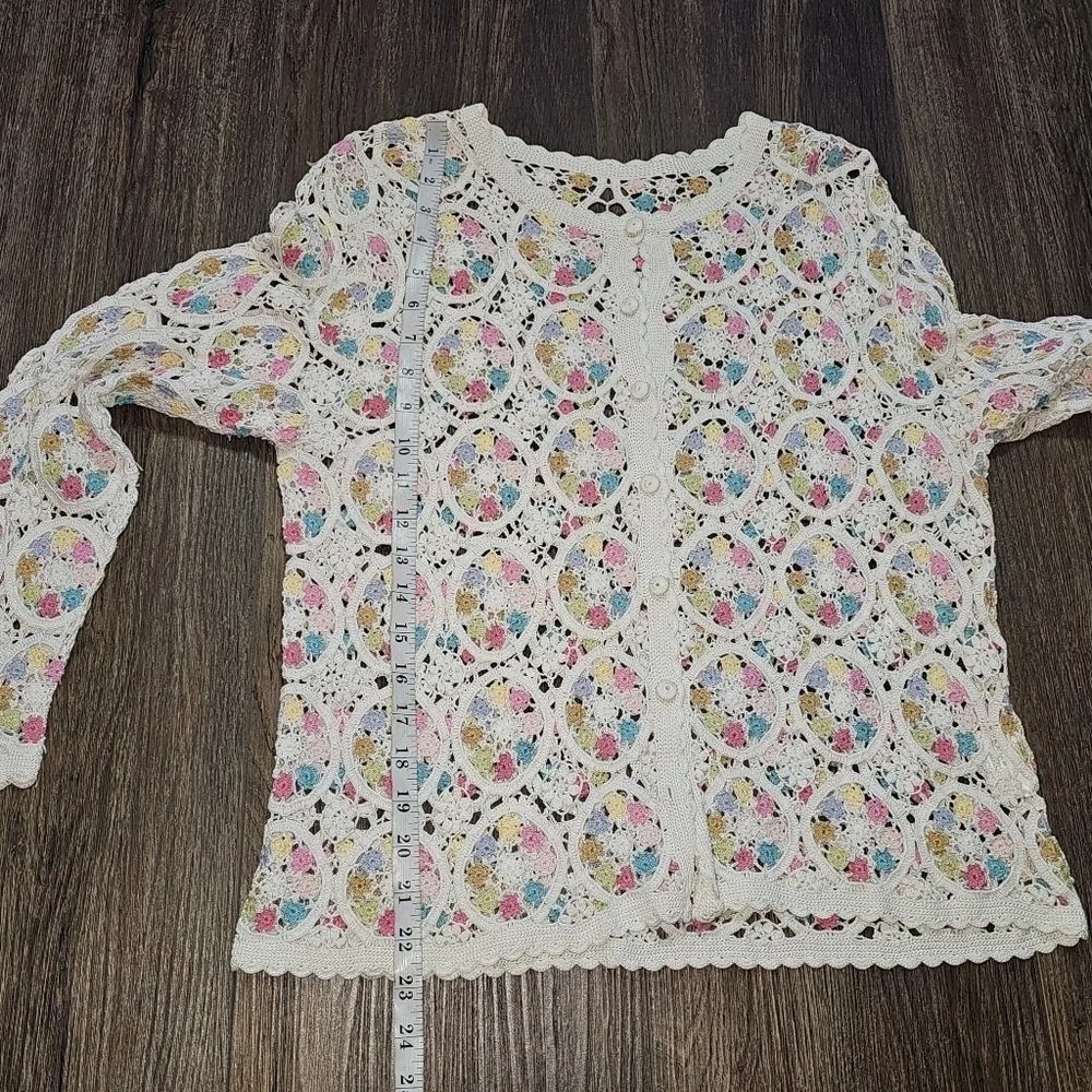 Floral Lace Crochet Button Down White Cardigan Sz SM- Med